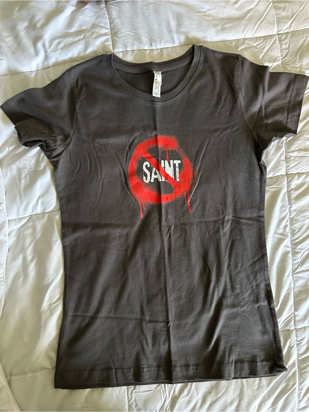 Ladies Short Sleeve Graphic Tee - Black with Red Circle 'SAINT' Print
